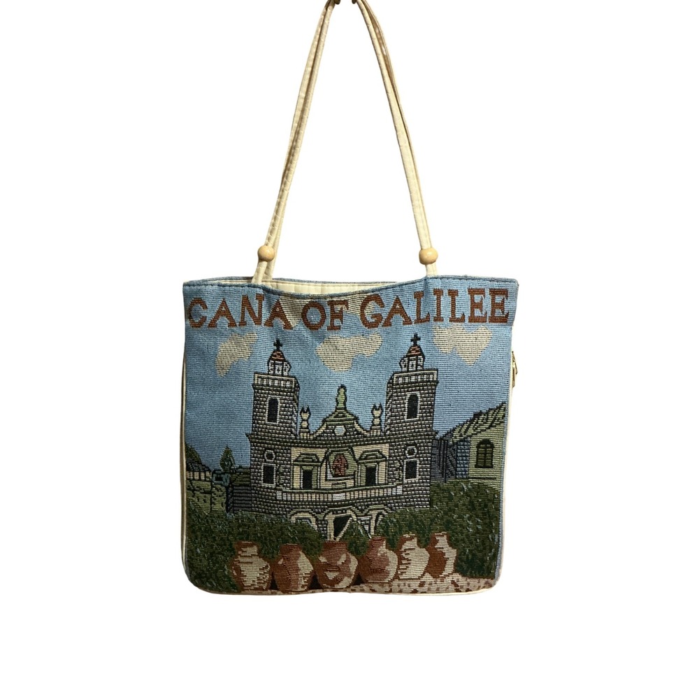 Vintage Cana of Galilee Woven Tapestry Tote Bag Blue Souvenir Church 13x14